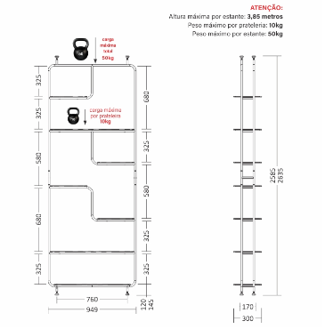 Estante Linha Pix - Larg. 0,95m × Prof. 0,30m × Alt. 2,63m