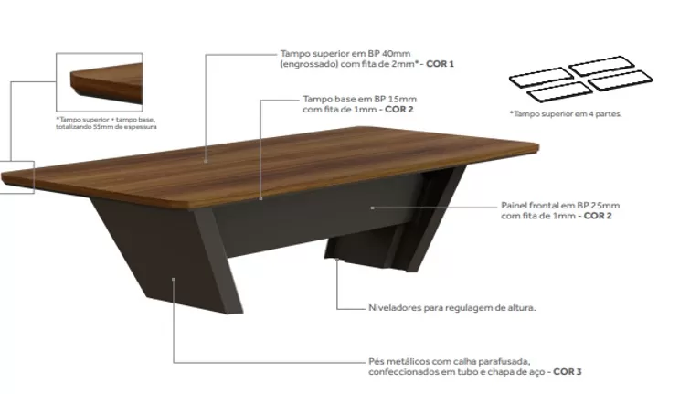 Mesa Reunião Escritório Alto Padrão 12 Lugares | 3000 X 1200 - Altis 55 Mm *com 2 caixas de tomadas